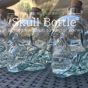 Home memorial service with skull bottles